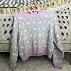 Wild Fable size Medium Cozy Pastel Heart Sweater Cropped Lavender Blue White
